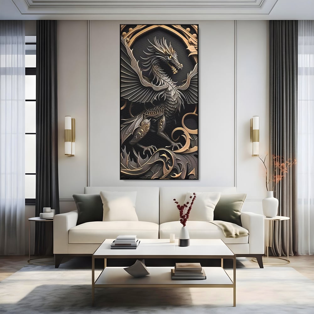 Tablou canvas cu ilustratie digitala cu dragon mitic, in rama de aluminiu negru, pe perete intr-un living